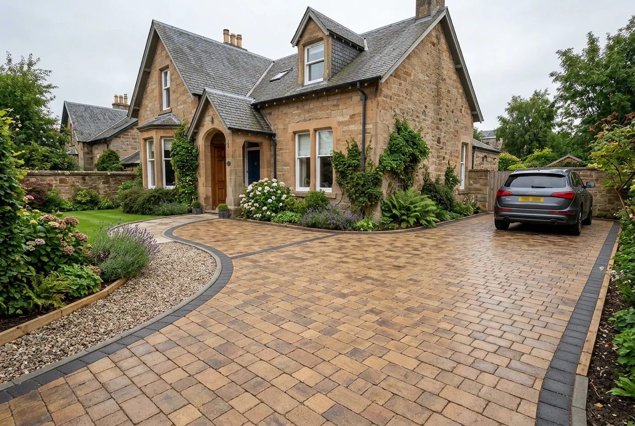 Buff block paving with charcoal border before a sandstone villa in Dundee